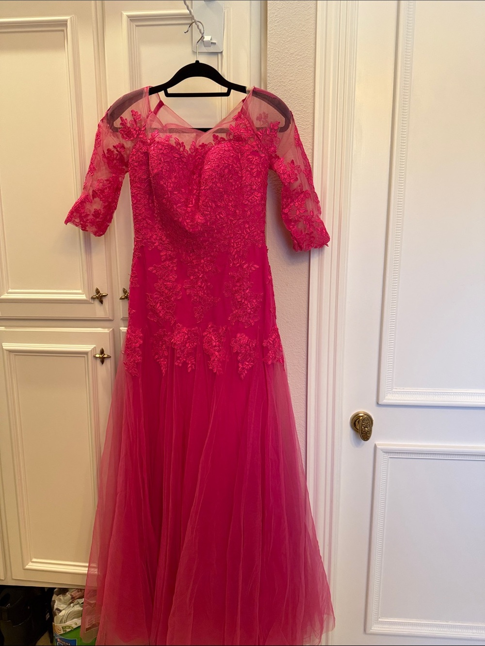 Formal Hot Pink Lace & Tulle Maxi Dress with Sheer illusion Yoke